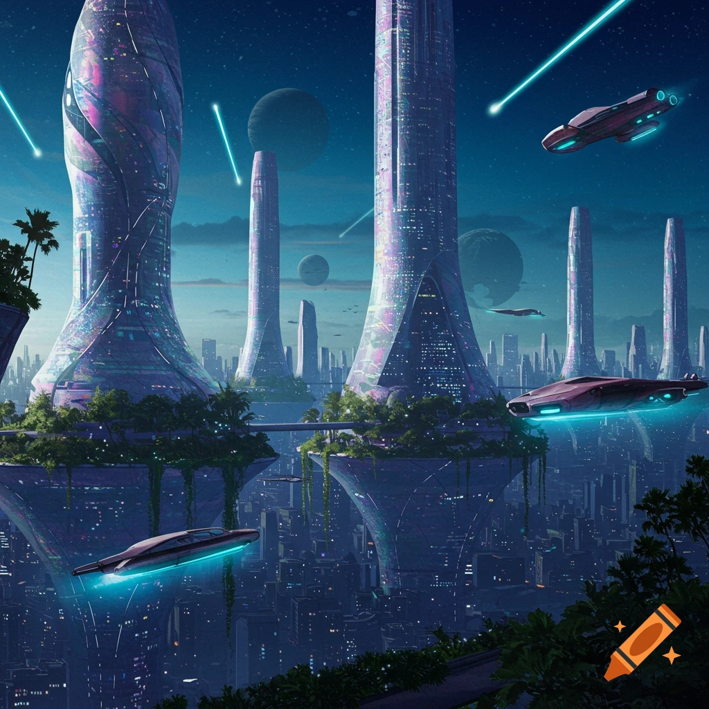 A futuristic city with tall buildings, greenery, flying vehicles, and meteors against a starry sky.