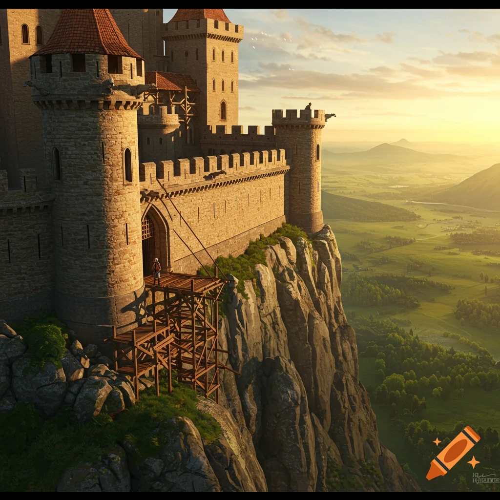 A large stone fantasy castle built on a cliff edge overlooks a valley under a sunset sky.