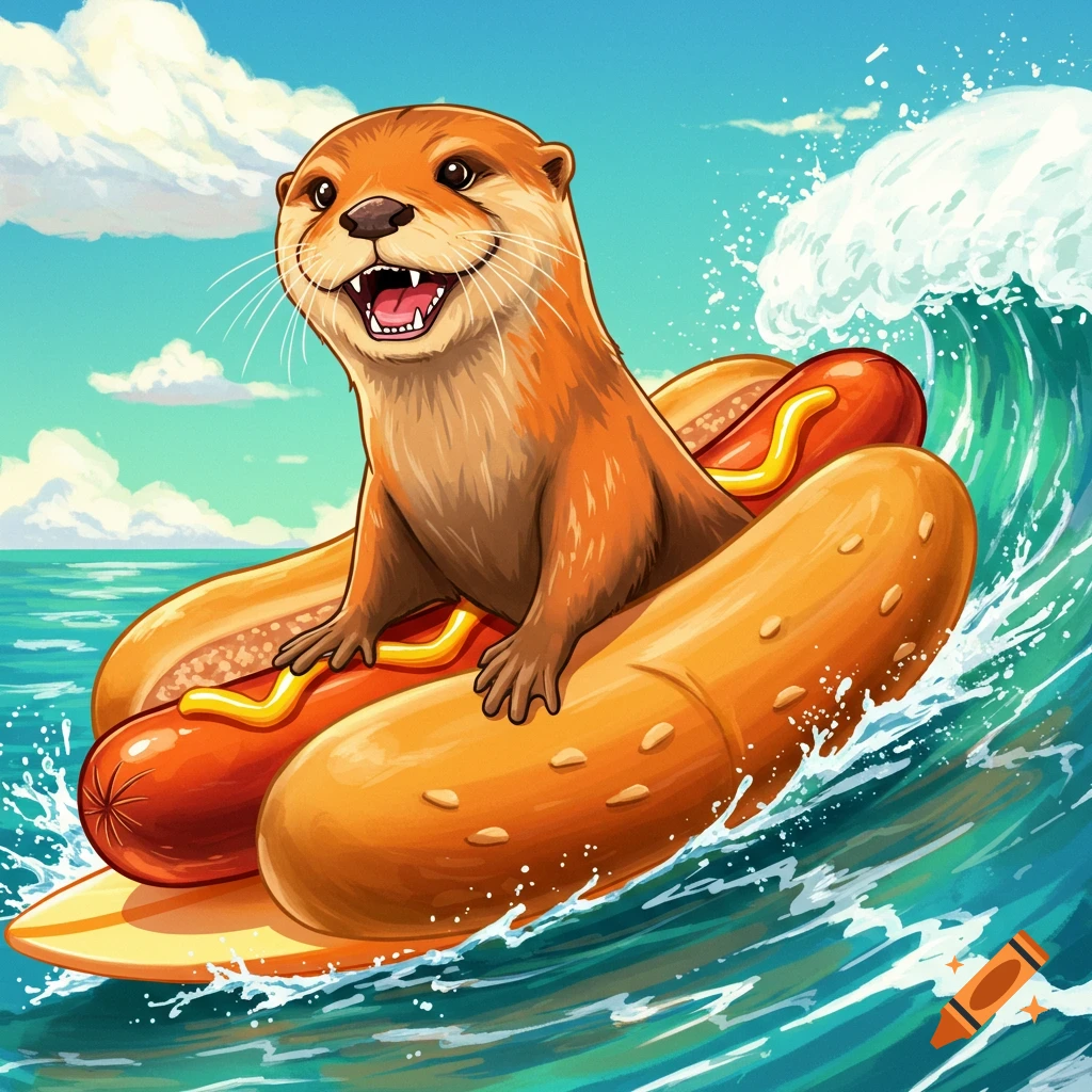 An otter surfing on a hot dog on a wave.