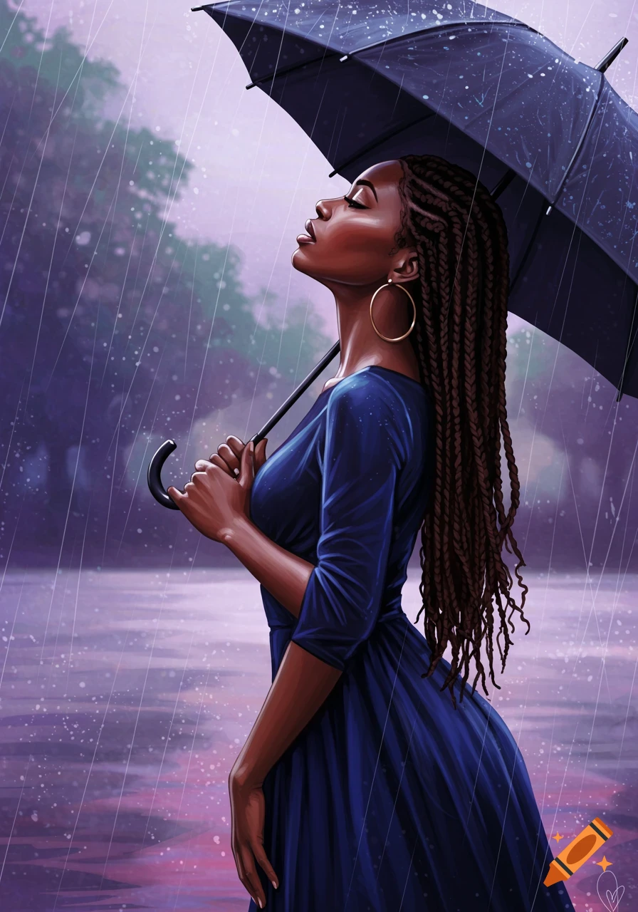 A Black woman in a blue dress holds an umbrella in the rain, looking up.