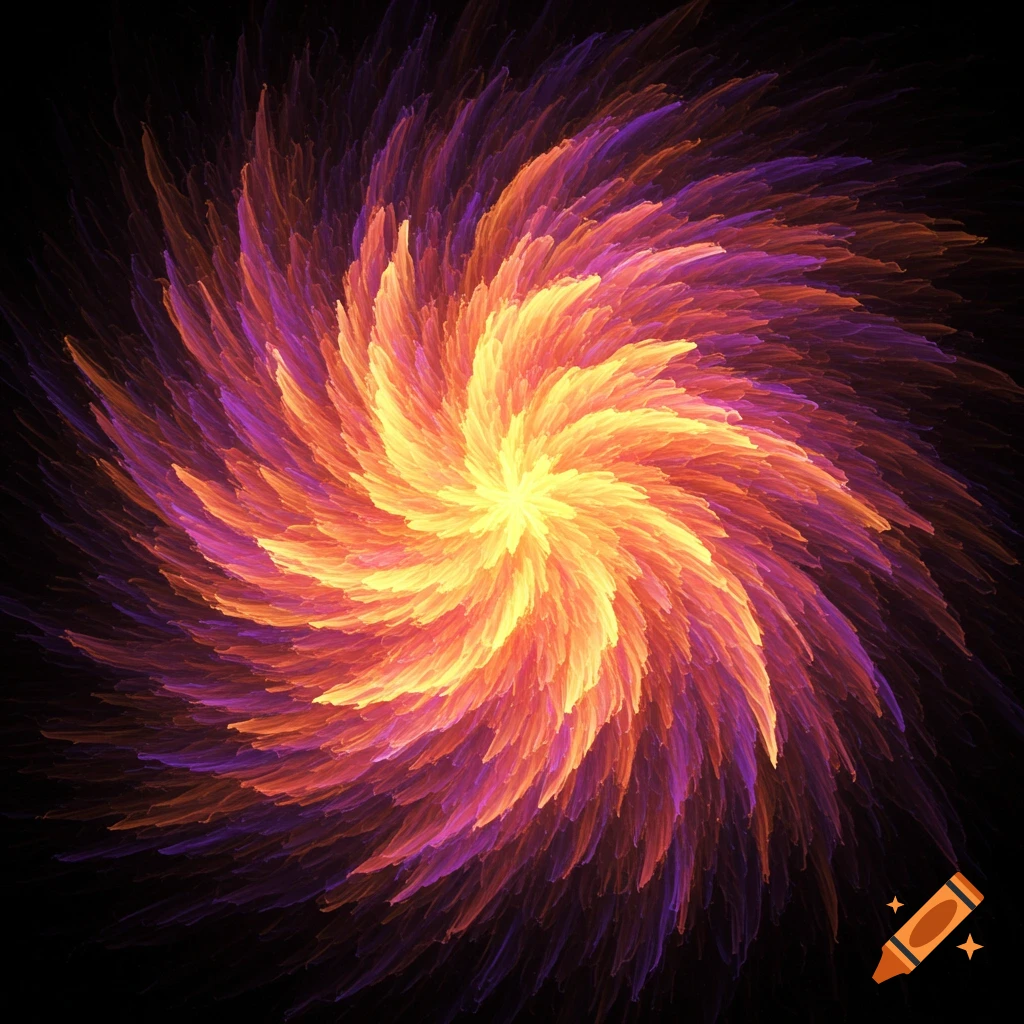 A vibrant abstract swirl pattern in yellow, orange, and purple against a black background.