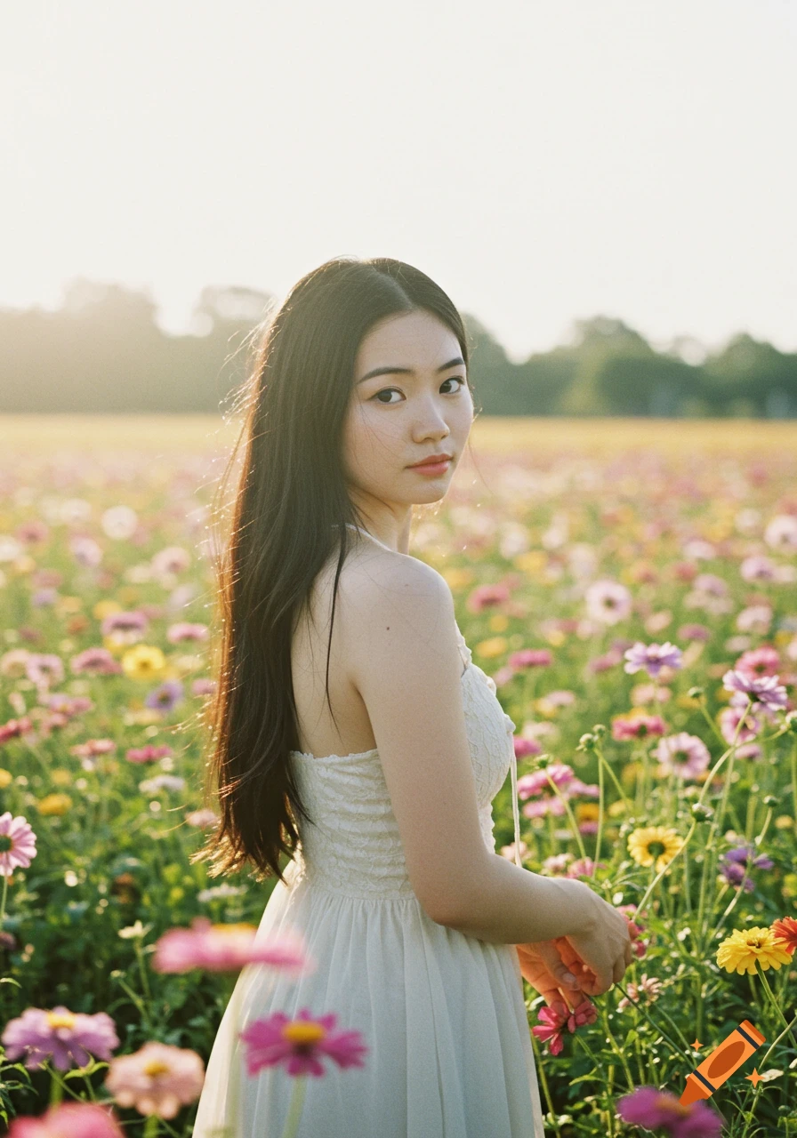Young woman in a white dress standing in a field of flowers, looking back at the camera in golden hour light.