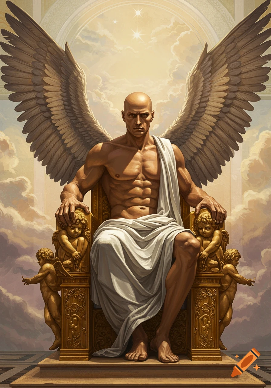Muscular bald angel sits on a golden throne in the sky.