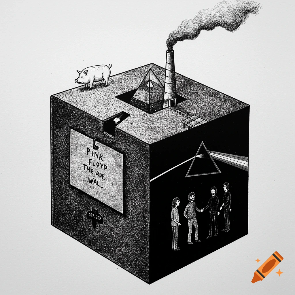 A black and white drawing depicting Pink Floyd album elements: a cube with a flying pig, chimney, prism with rainbow light, and men shaking hands, with a tag.