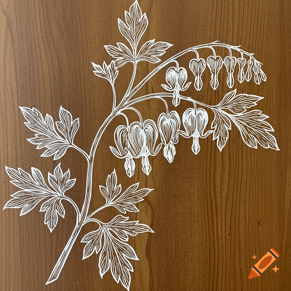 White ornamental woodblock print illustration of a bleeding heart flower branch on a wood background.