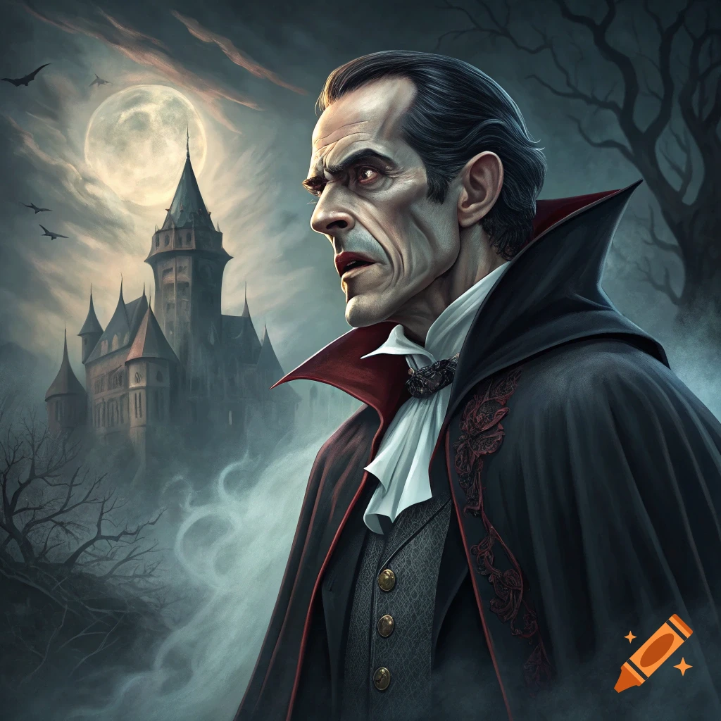 A gothic illustration of Dracula standing outside a castle under a full moon.