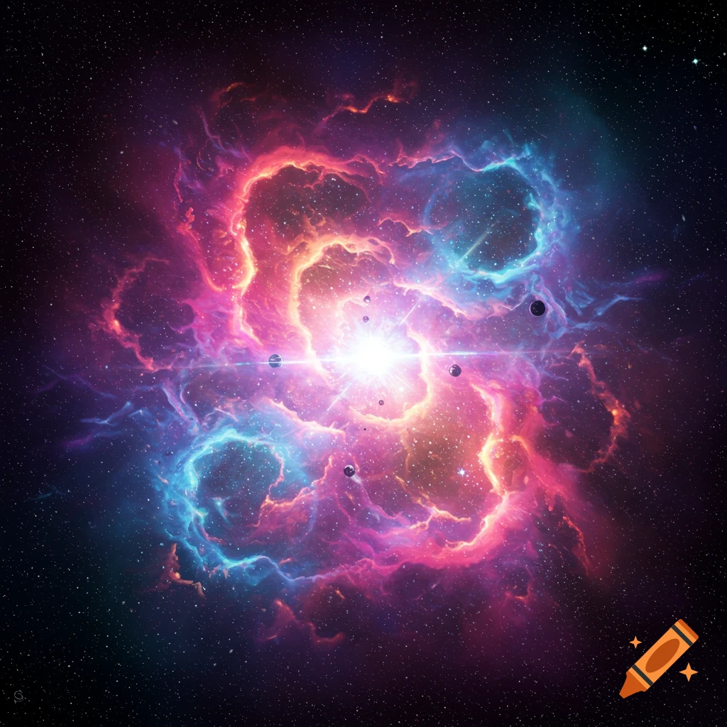 A brightly colored nebula with a central star and orbiting dark spheres in space.