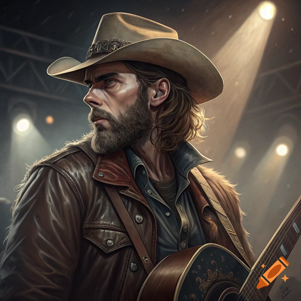 Man in cowboy hat playing guitar on stage under spotlight.