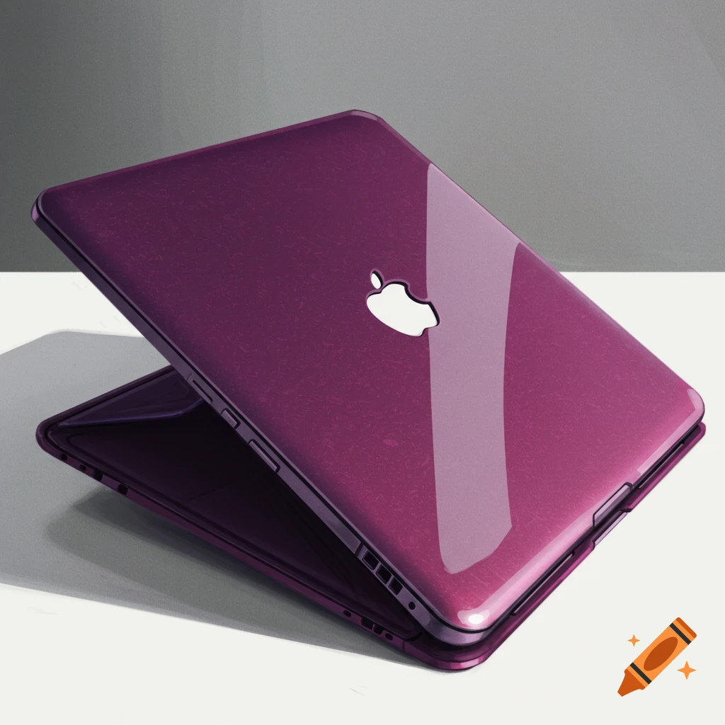A shiny purple laptop with an Apple logo.
