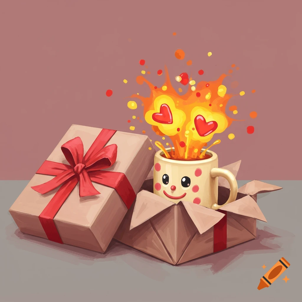 An open gift box with a smiling mug popping out, surrounded by hearts and colorful splatters.
