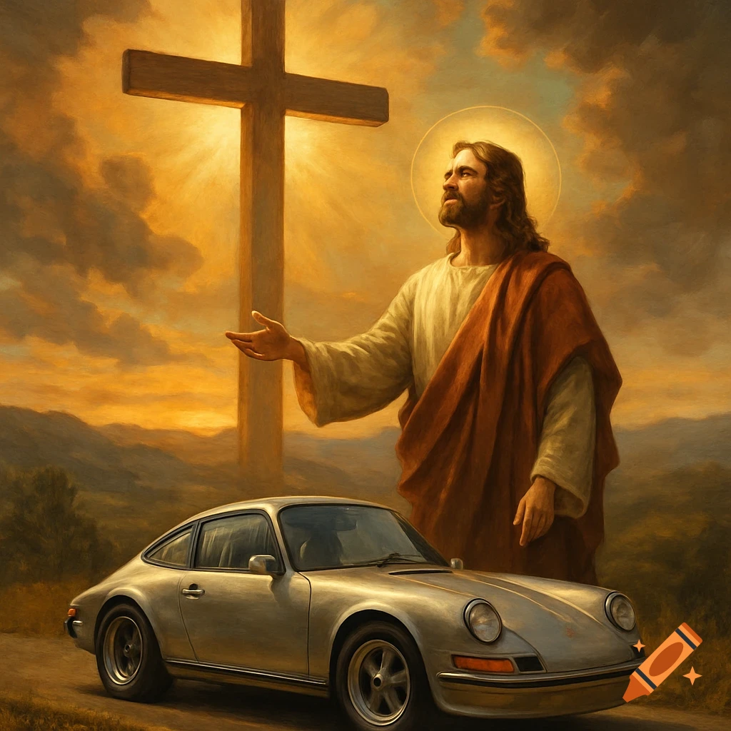 Jesus with a halo and outstretched hand standing next to a cross and a silver Porsche 911 at sunset.