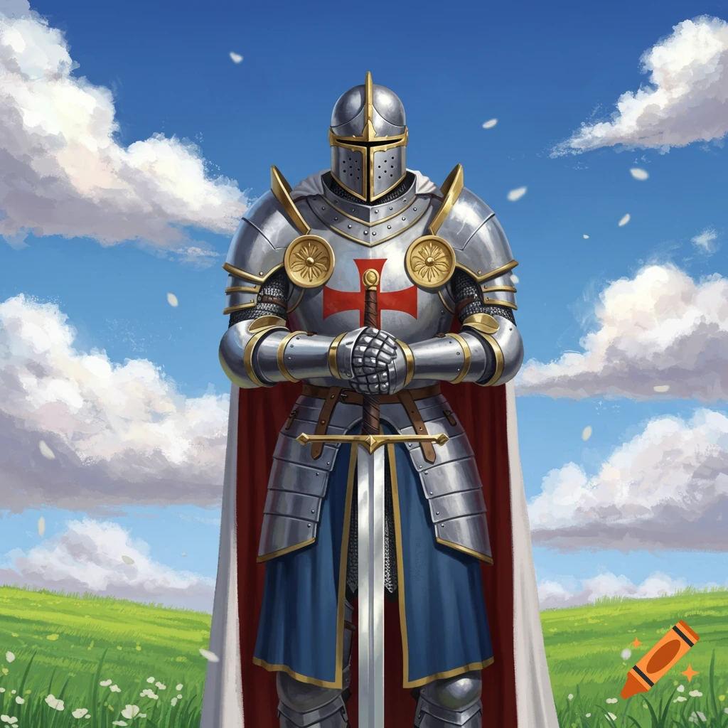 A knight in full armor standing in a field holding a sword.