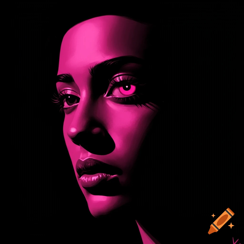 A woman's face is illuminated by vibrant pink lighting against a black background.