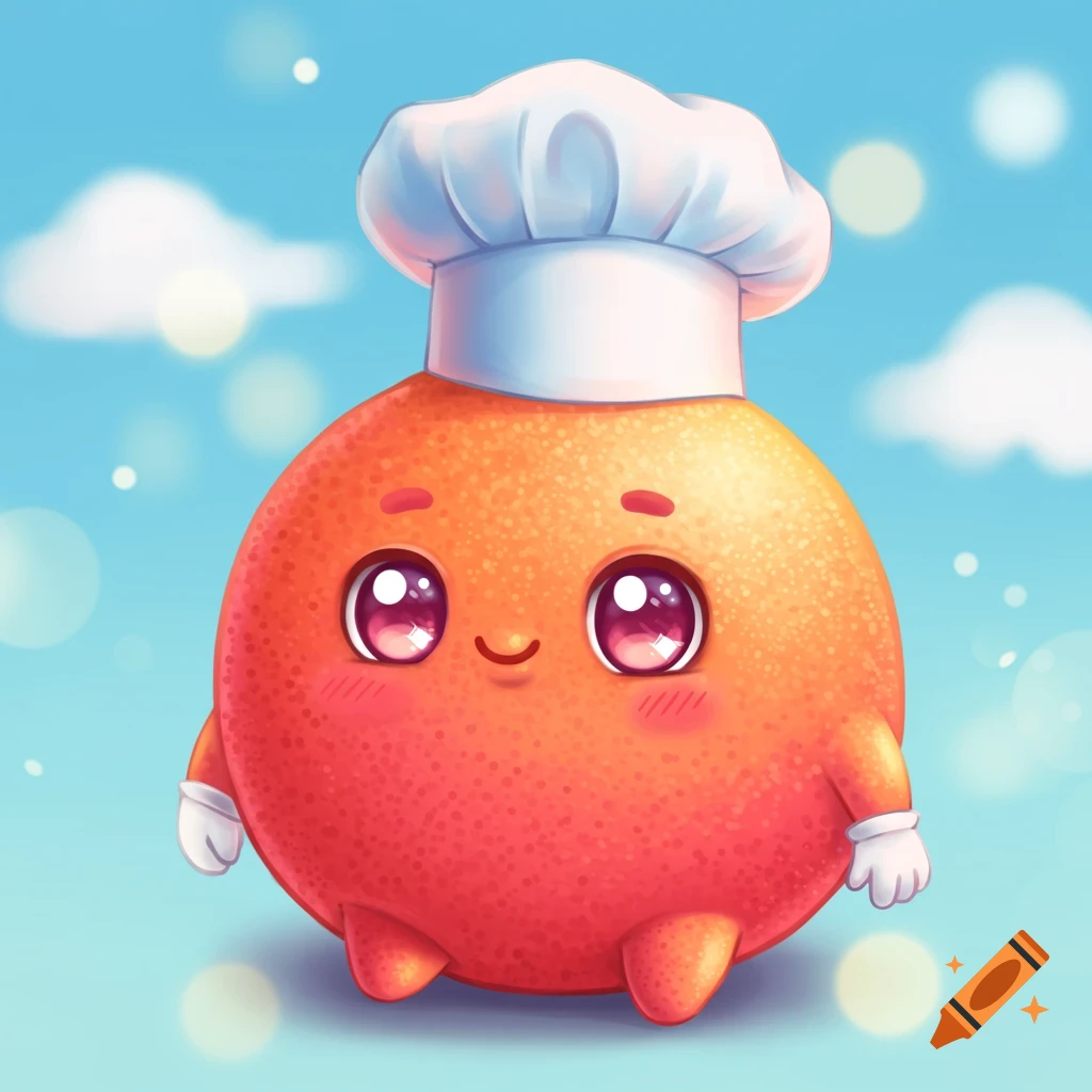 A cute cartoon orange character wearing a chef hat against a blue sky.