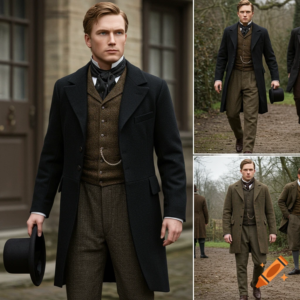 Three panels showing a man in 1800s-style formal clothing, including a black coat, waistcoat, and top hat.