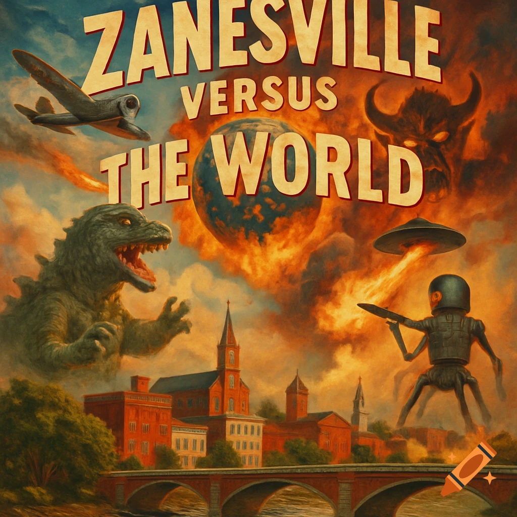 Vintage movie poster style of Godzilla-like monster, giant demon, UFO, and robot attacking a city with a bridge.