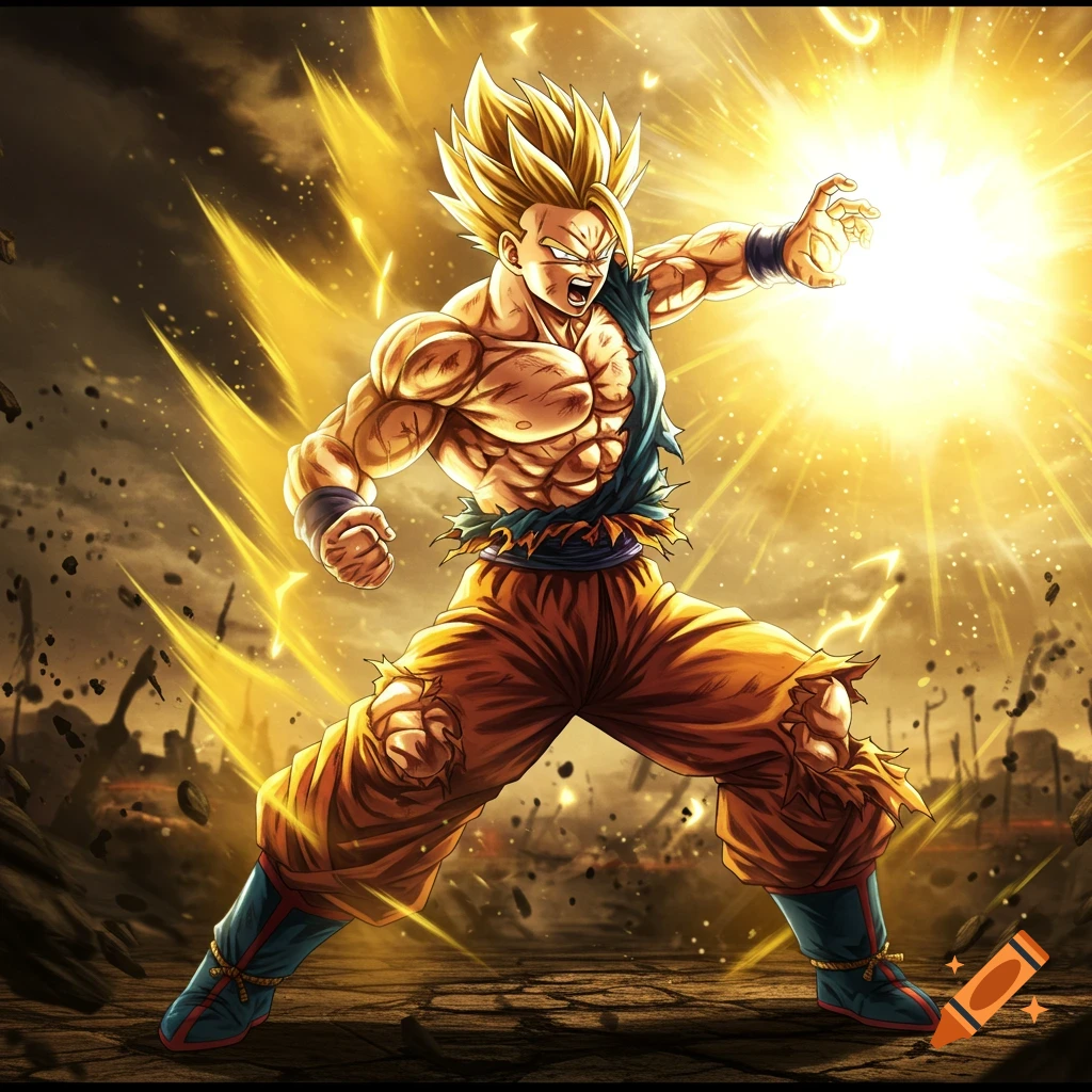 Anime illustration of a Super Saiyan character charging an energy blast in a ruined landscape.