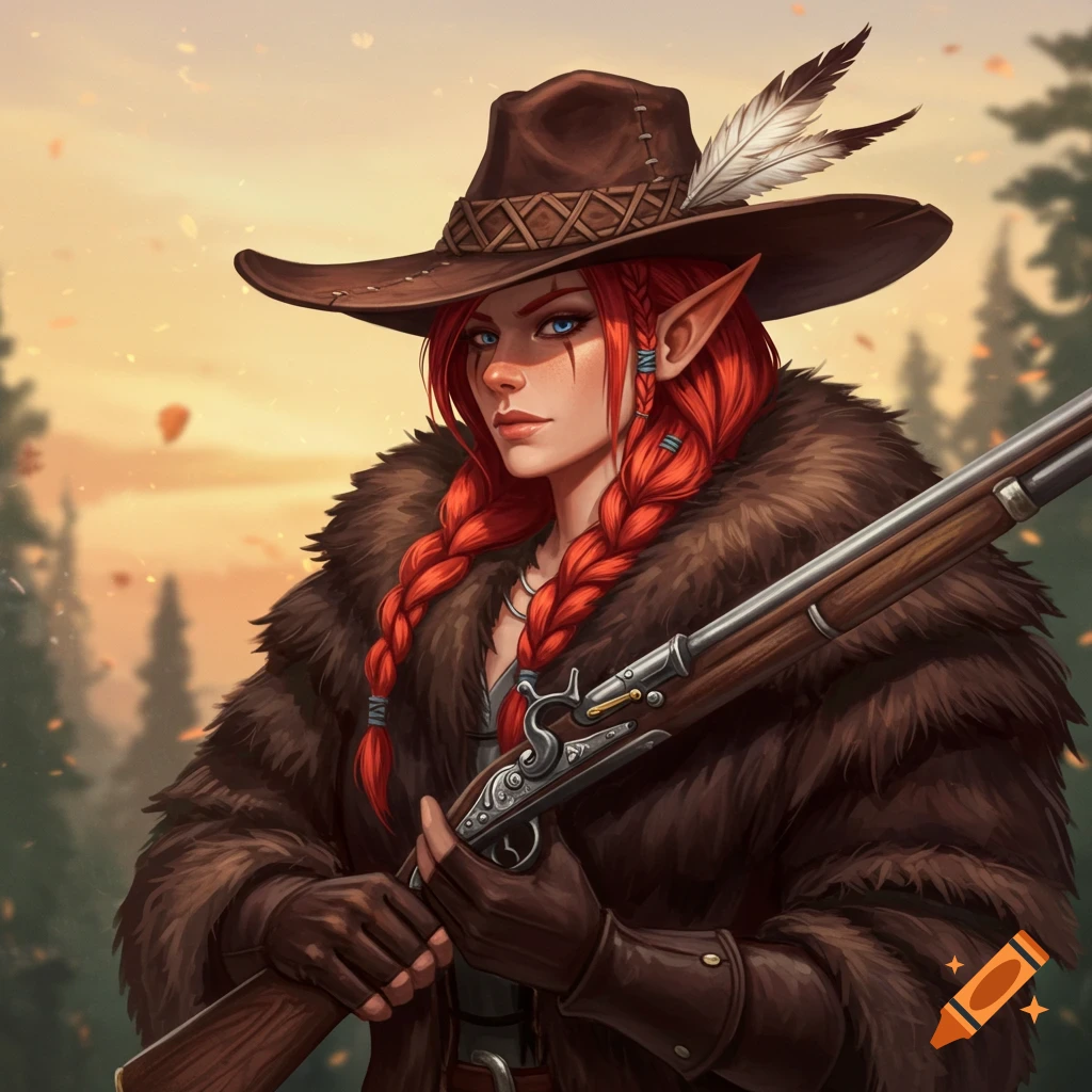Female elf hunter with red braided hair, hat, and fur coat, holding a rifle in a forest.