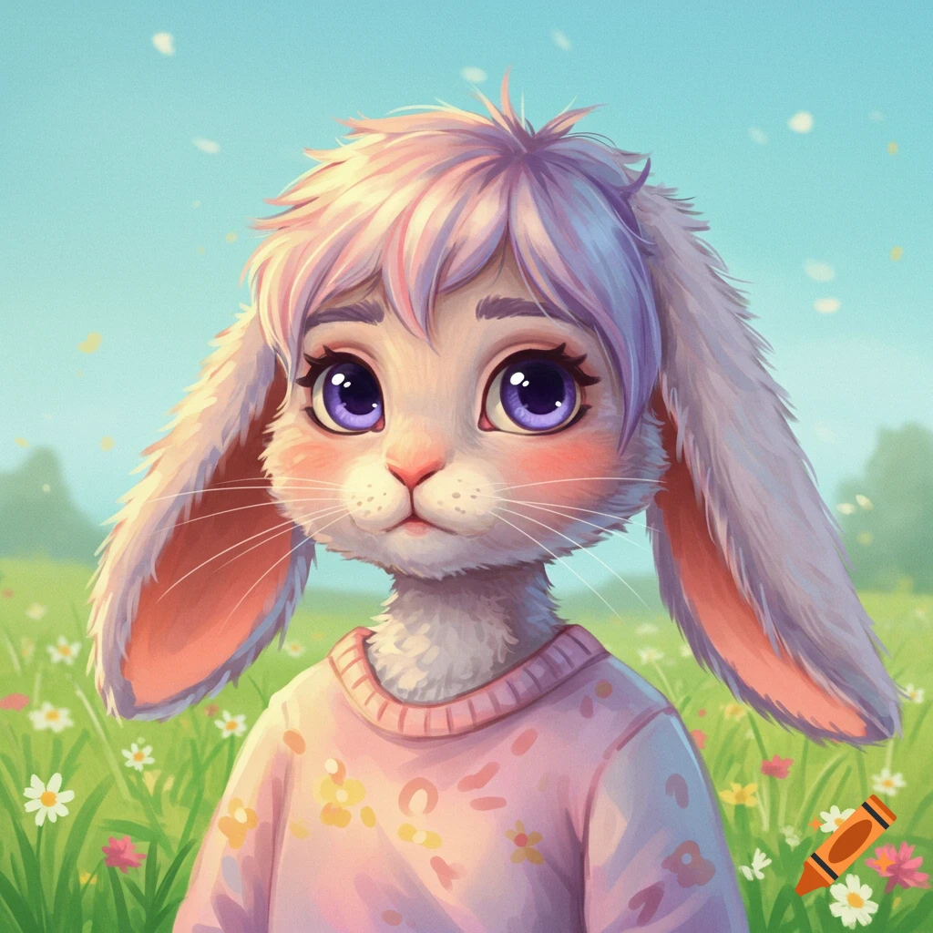 Cute anthropomorphic bunny with purple hair and big eyes wearing a pink sweater in a field of flowers.