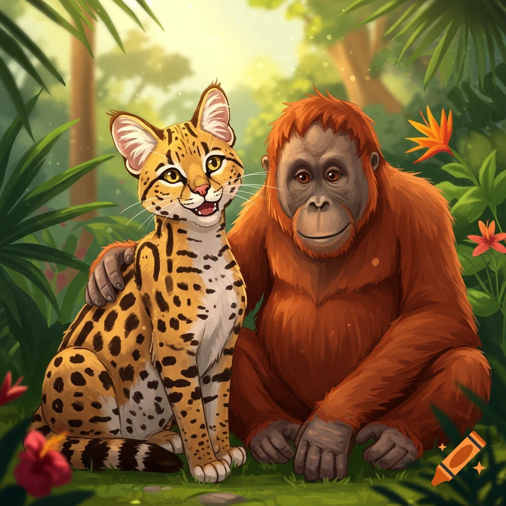 A Savanna cat and an orangutan sitting together in a lush jungle setting.