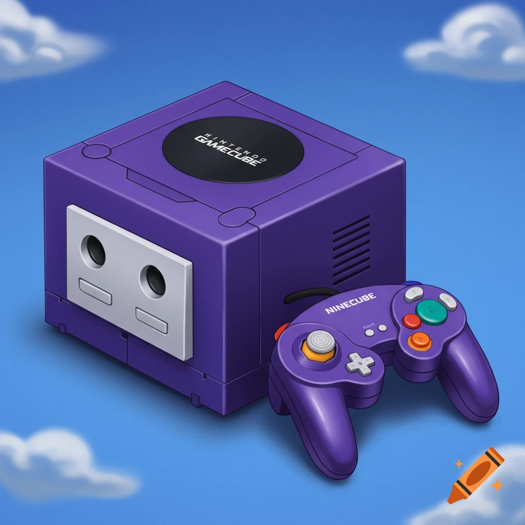 A purple Nintendo GameCube console and controller sit against a blue sky with clouds.