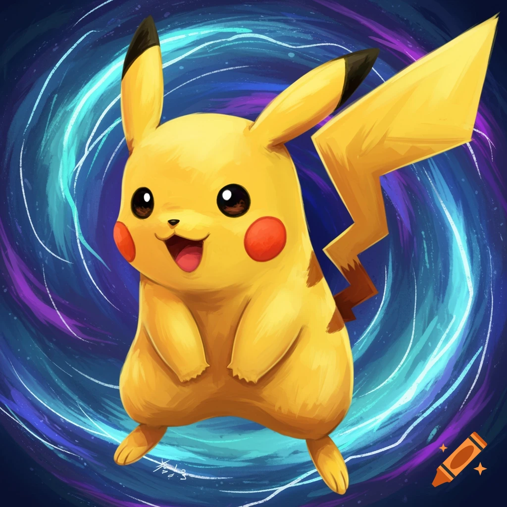 Pikachu in a dynamic pose against a swirling blue and purple background.