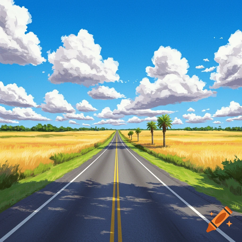 A road through a golden field with palm trees under a cloudy blue sky.