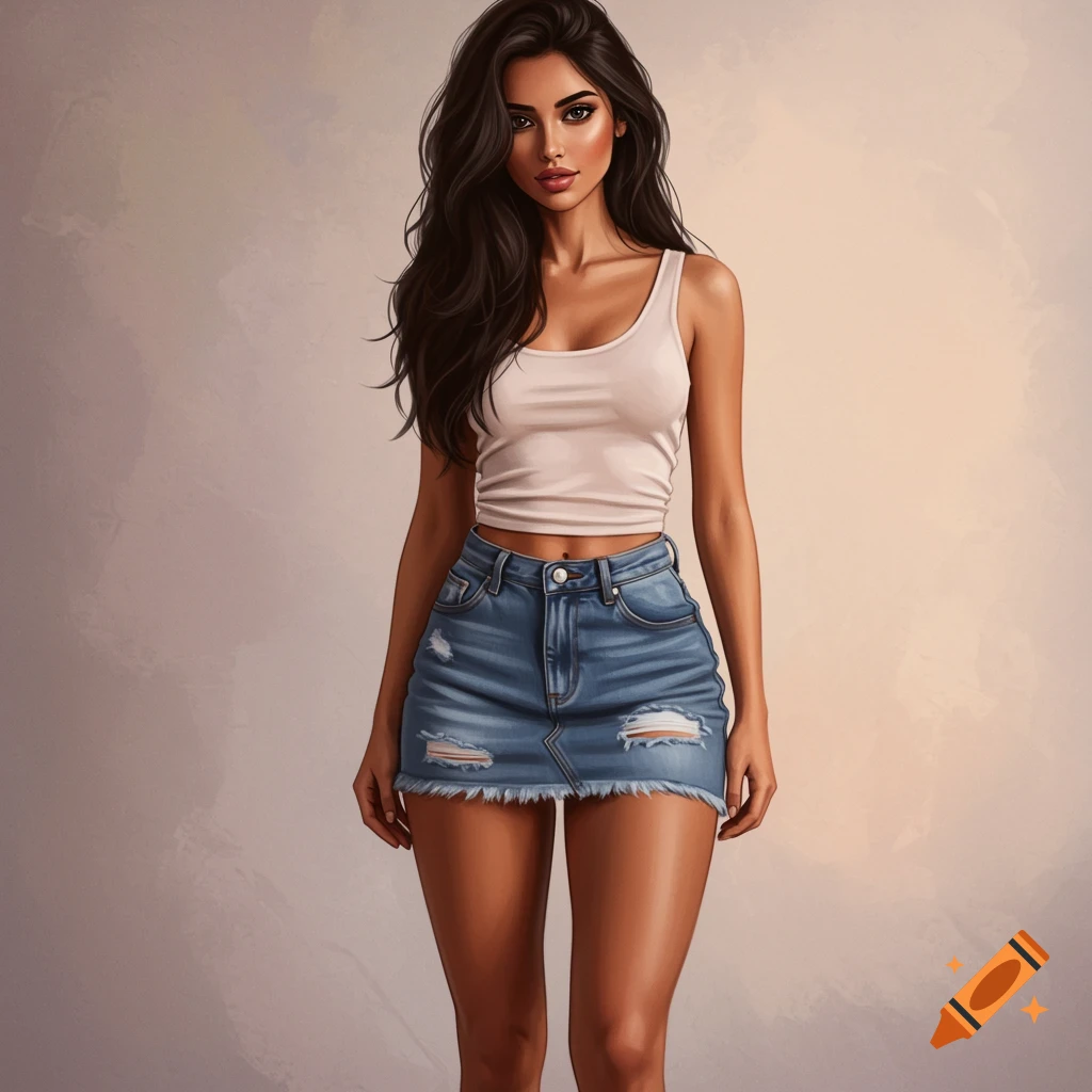 A brunette woman wearing a white tank top and denim skirt.