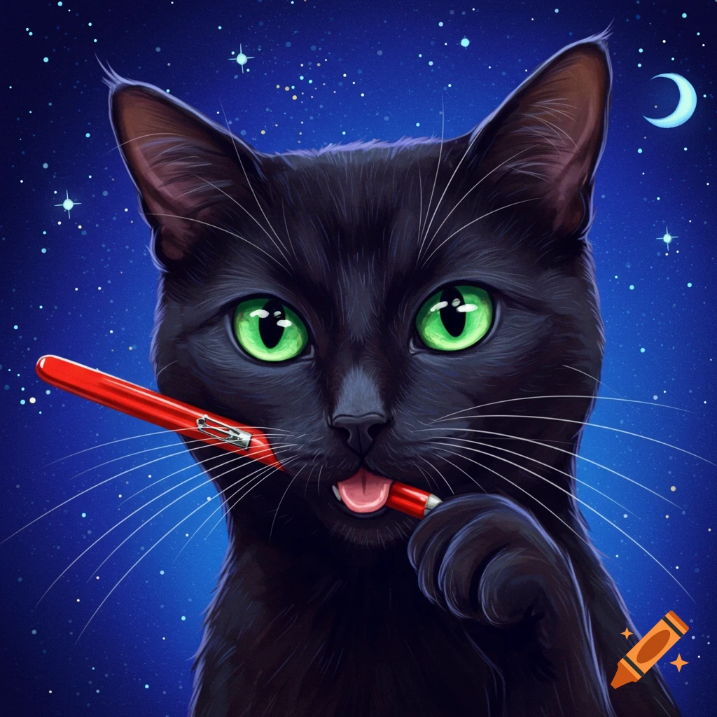 A black cat holding a red pen against a starry night sky.