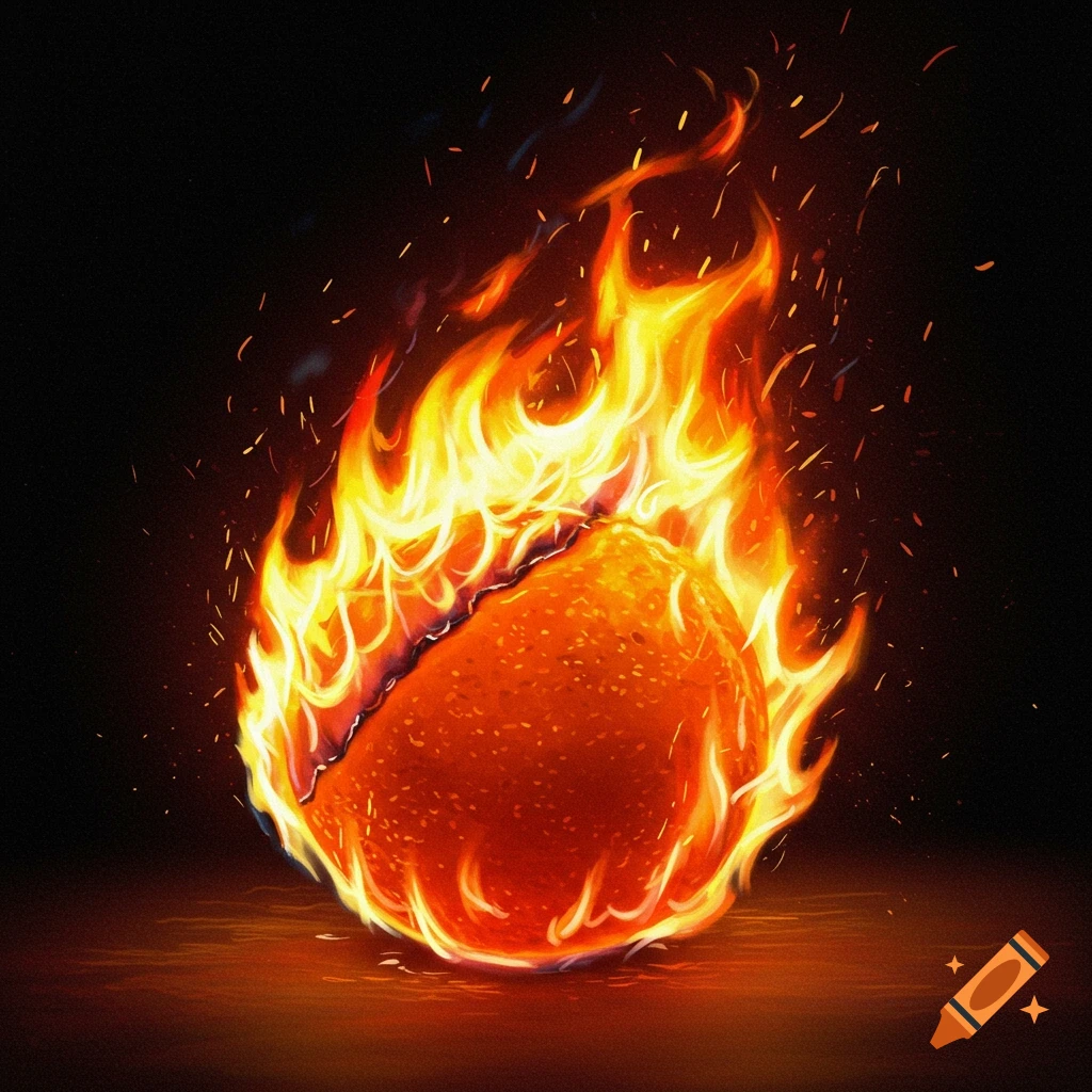 An orange fruit engulfed in flames with sparks flying off.