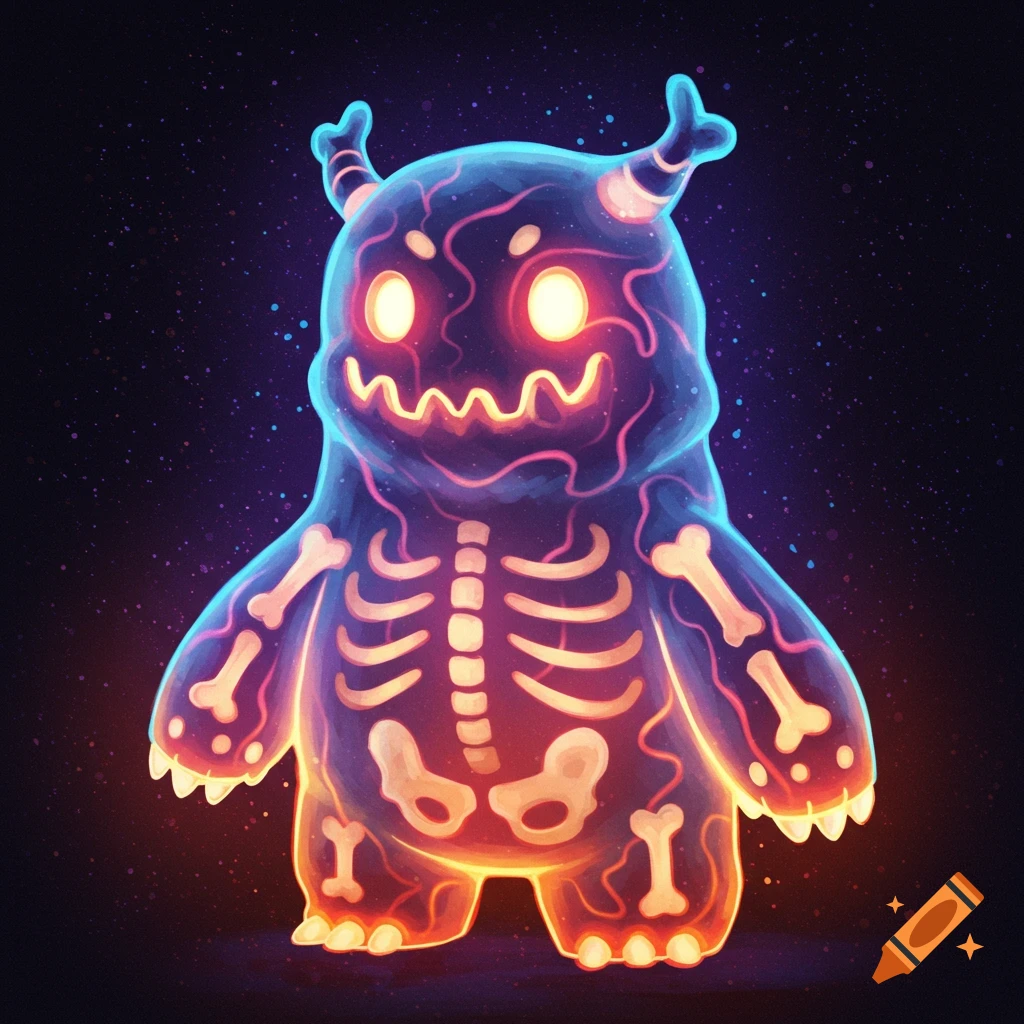 A glowing blue monster with internal orange skeleton pattern.