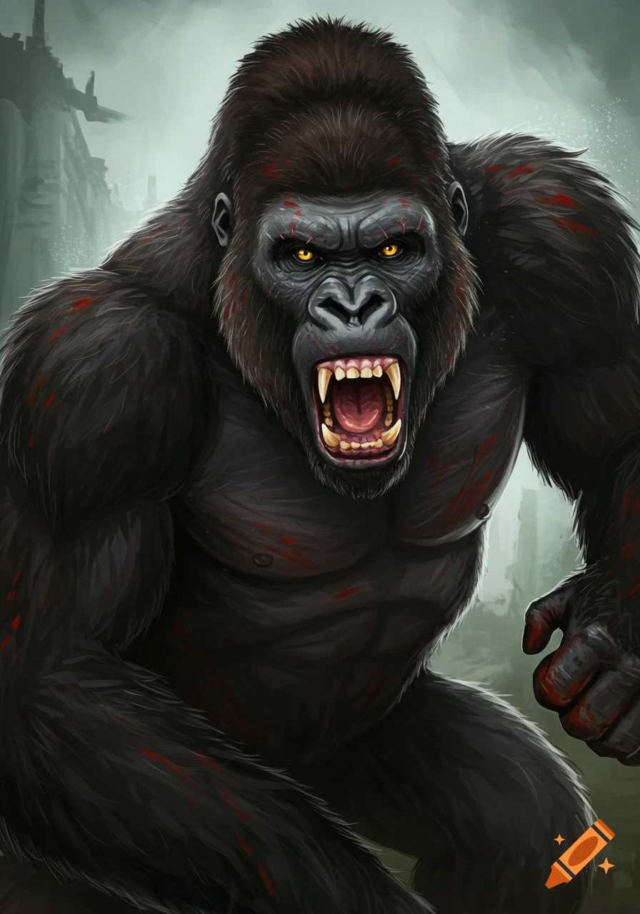 An angry gorilla with glowing eyes and red markings.