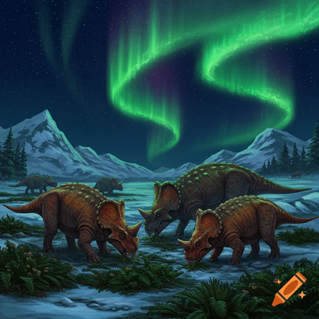 Dinosaurs under the northern lights in an arctic landscape.
