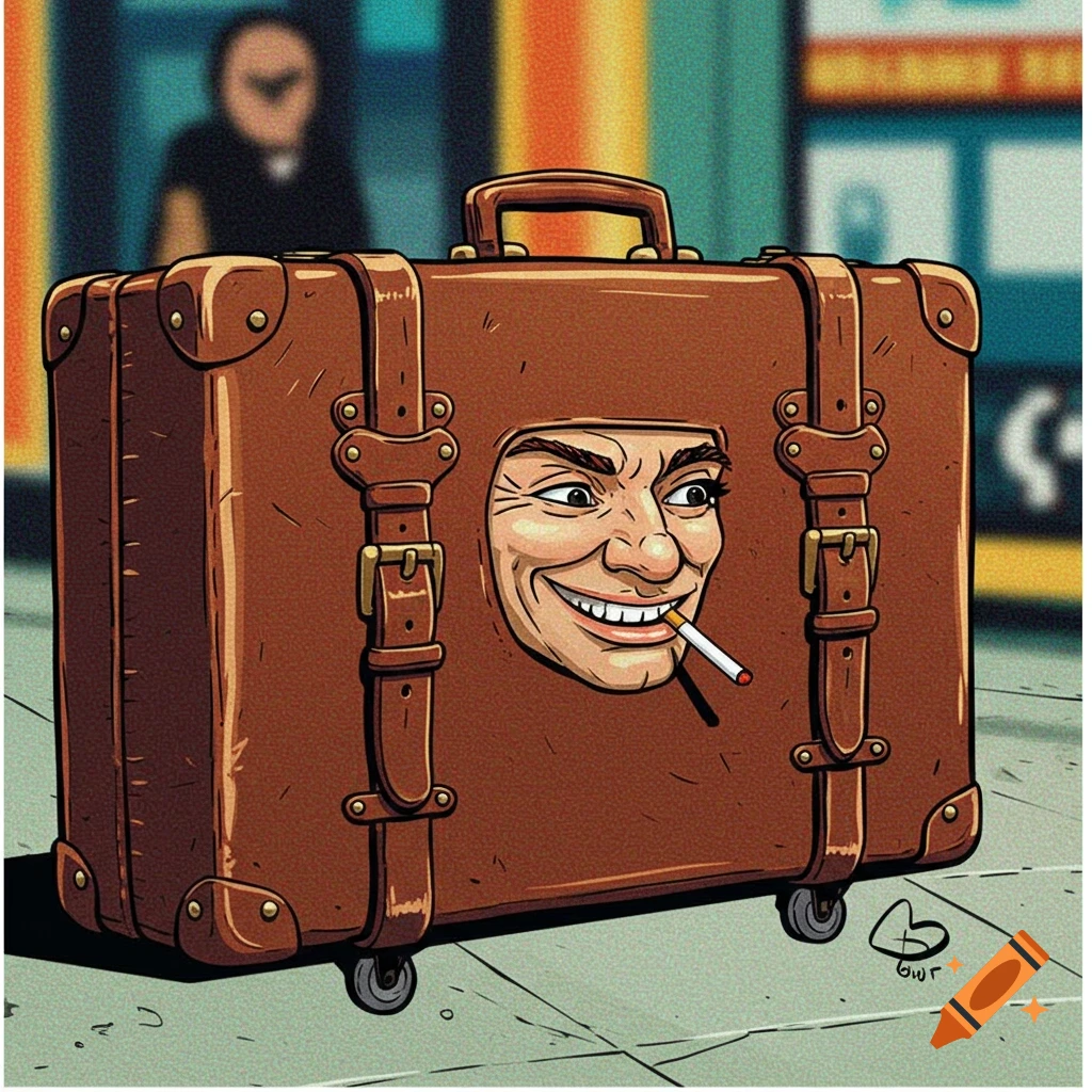 Illustration of a brown suitcase with a smiling man's face emerging from a cutout, smoking a cigarette, on a sidewalk.