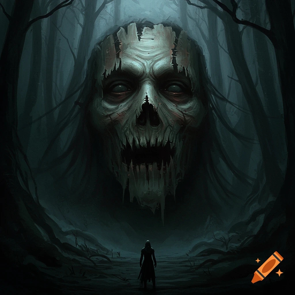 A giant, creepy skull-like face looms in a dark, foggy forest over a lone figure.