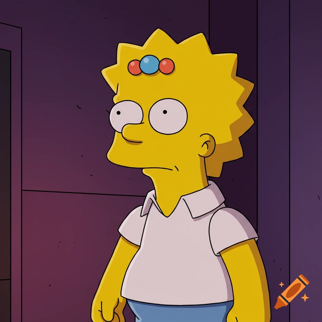 A yellow-skinned cartoon character in The Simpsons style, wearing a white shirt and blue pants, looking forward with wide eyes.