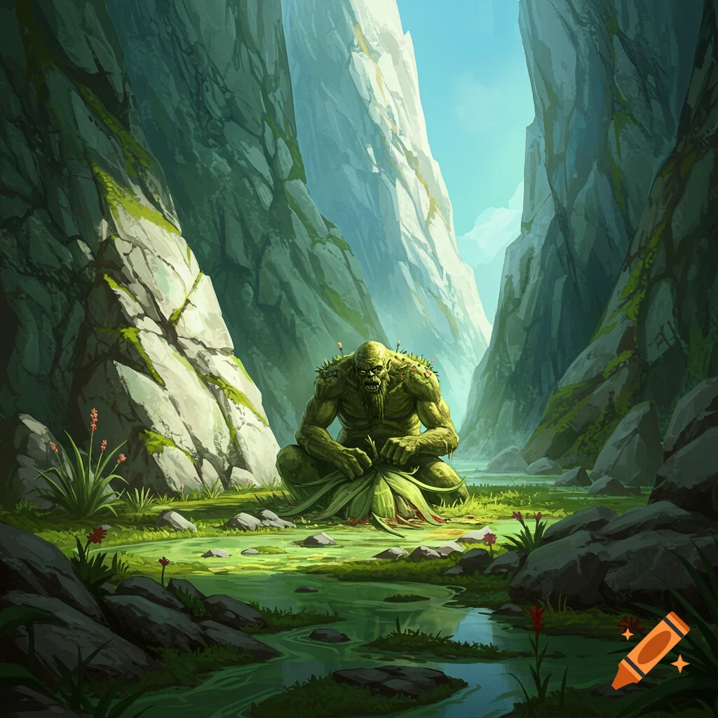 A green monster sits in a swamp between tall cliffs, eating leaves.