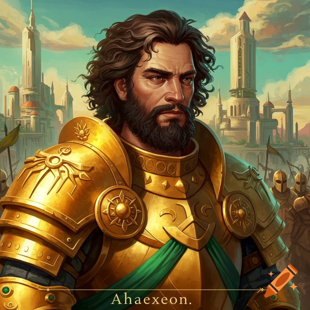 A man in elaborate golden armor and a green sash stands before a fantasy city skyline.