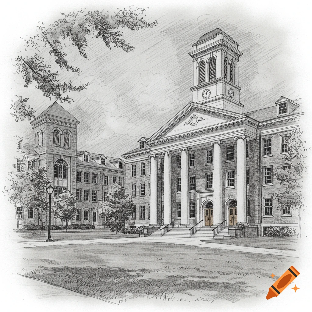 Sketch of a large university building with columns and towers
