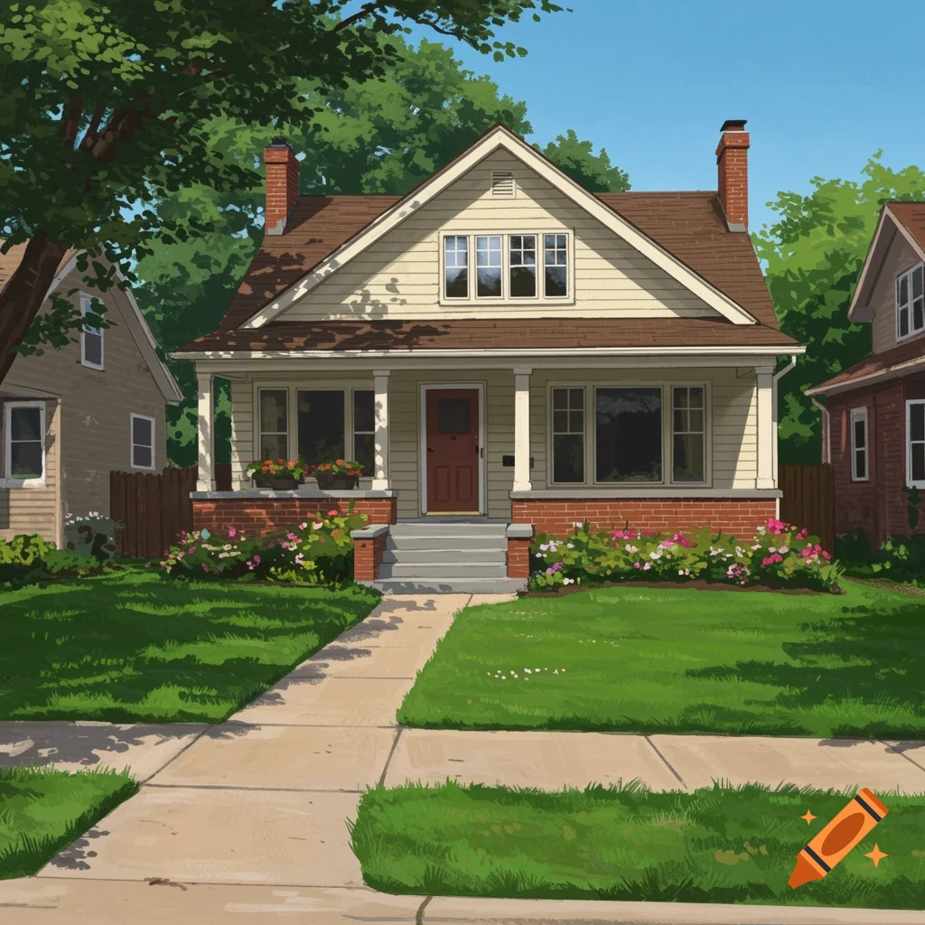 A suburban house with a green lawn and flowers.