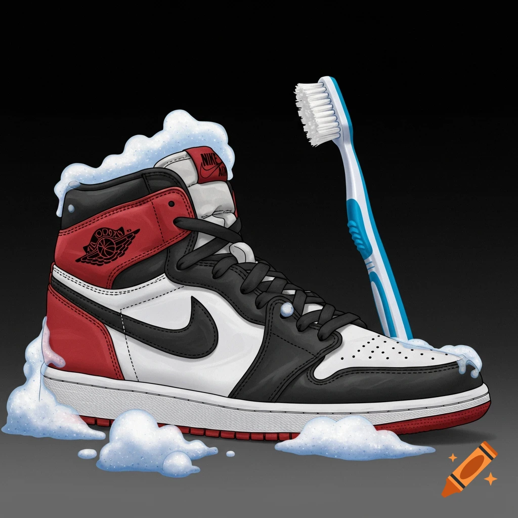 A Jordan 1 shoe being cleaned with foam and a toothbrush.