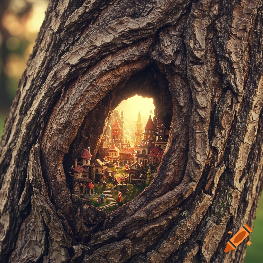 A miniature fantasy town nestled inside a hollow tree trunk, bathed in warm sunlight.
