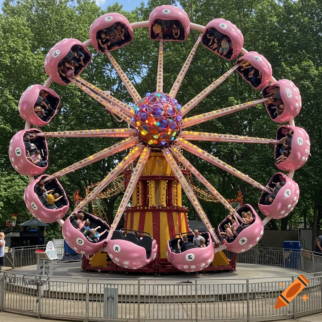 Amusement ride featuring electron-shaped carts circling a glowing ...