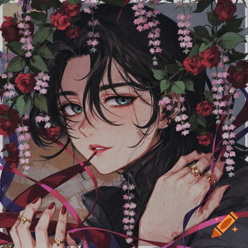 Anime-style portrait of a person with dark hair and blue eyes, surrounded by red roses, pink flowers, and ribbons.