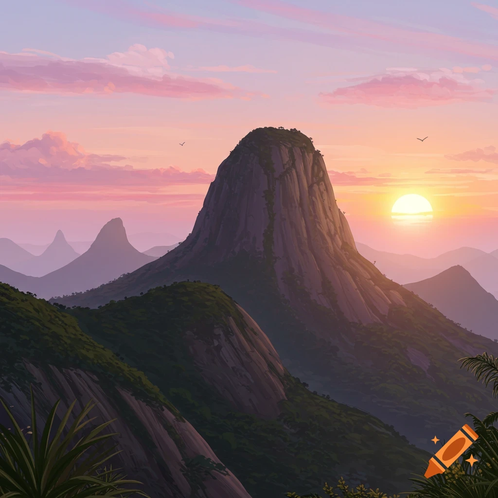 Mountains silhouetted against a pink and orange sunset sky.