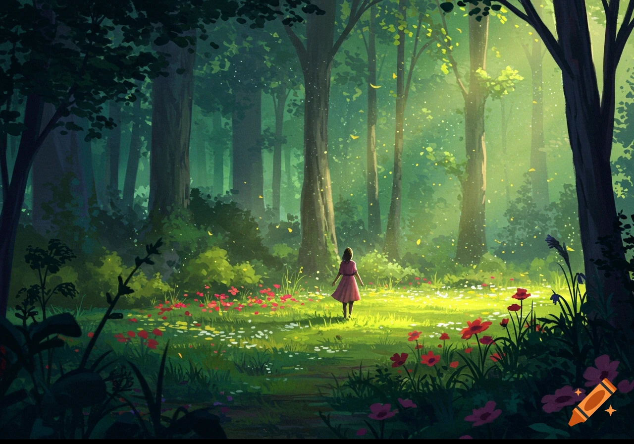 A person in a pink dress walks through a sunlit forest clearing filled with flowers