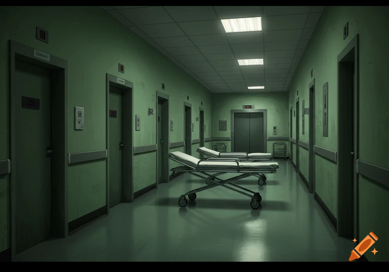 A dimly lit green hospital hallway with stretchers and elevators.