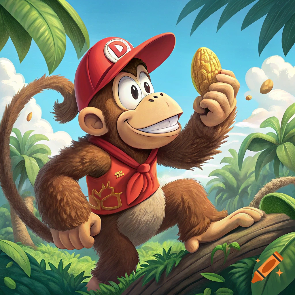 Cartoon monkey wearing a red cap and vest, sitting on a log in a jungle and holding a peanut.