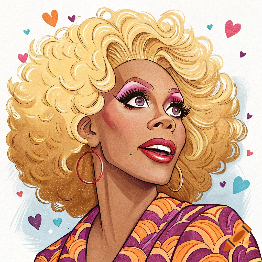 Cartoon portrait of RuPaul with hearts