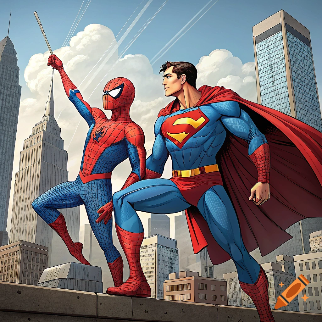 Spider-Man and Superman stand on a city rooftop in a comic art style.